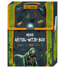 Box mit Dinosaurier-Illustrationen und deutscher Aufschrift: Meine Rätsel-Witze-Box zum Schulstart.