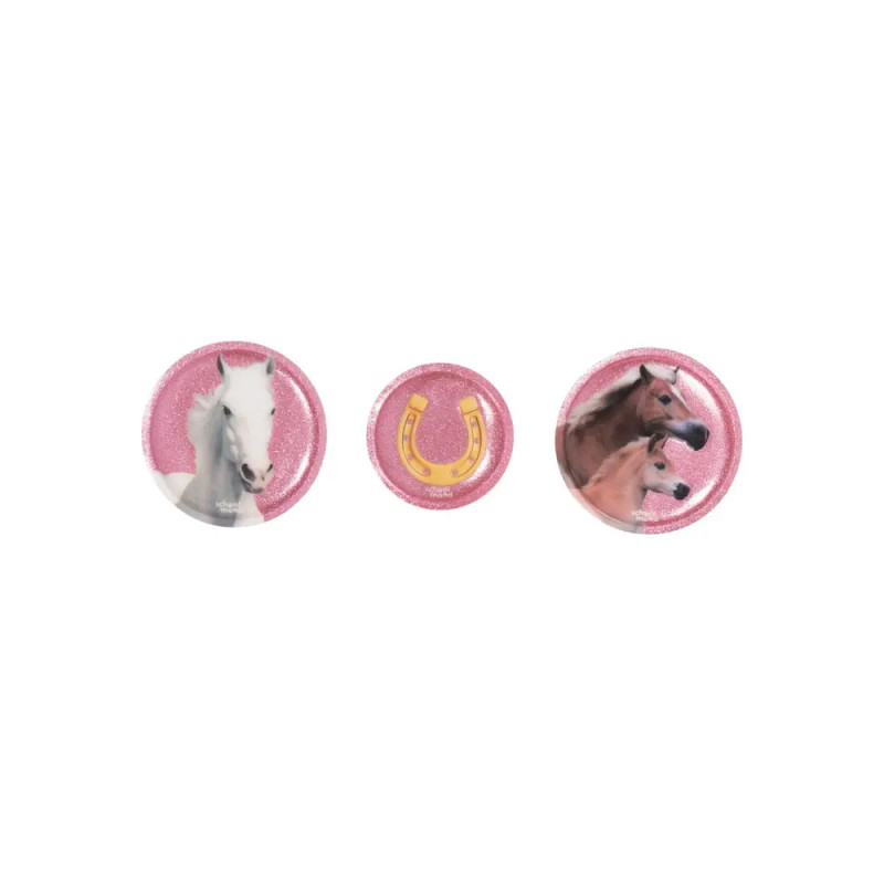 Drei pinke, runde Buttons: mit weißem Pferd, Hufeisen und zwei braunen Pferden.