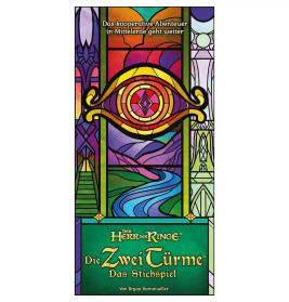 Farbiges Glasbild mit feurigem Auge über einem Fluss, Titel: Die Zwei Türme Das Stichspiel.