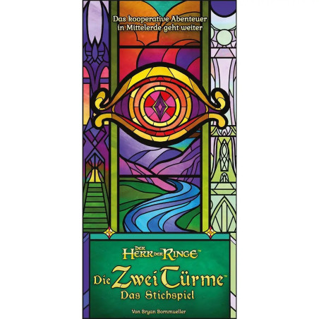 Farbiges Glasbild mit feurigem Auge über einem Fluss, Titel: Die Zwei Türme Das Stichspiel.