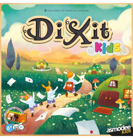 Illustration von Hasen, die Briefe in einem bunten Dorf zustellen; mit dem Schriftzug "Dixit Kids".