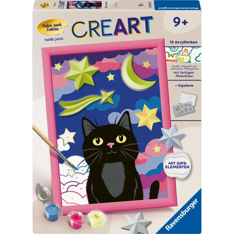 Malset-Box mit schwarzer Katze, Sternen und Mond ab 9 Jahren geeignet, von Ravensburger.