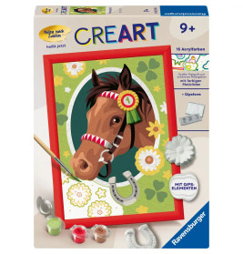 CreArt Malen-nach-Zahlen-Set mit Pferdebilde, Farben und Gipszubehör für Kinder ab 9 Jahren.