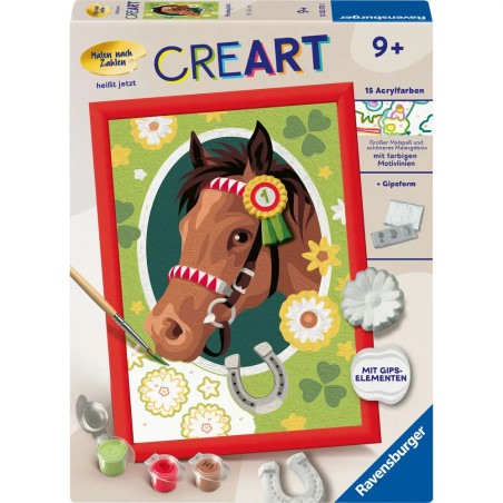 CreArt Malen-nach-Zahlen-Set mit Pferdebilde, Farben und Gipszubehör für Kinder ab 9 Jahren.