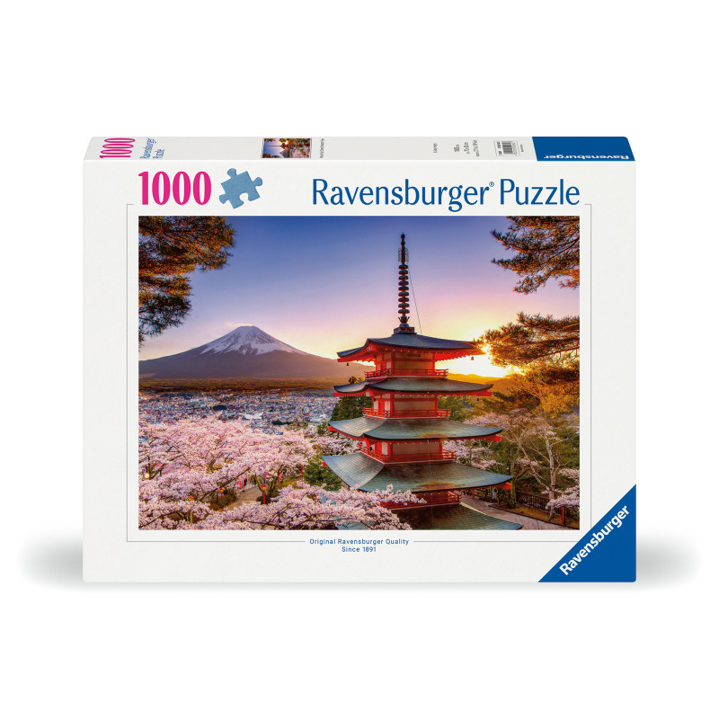 Ravensburger Puzzle mit 1000 Teilen: Das Motiv zeigt eine Pagode, Kirschblüten und den Fuji bei Sonnenuntergang.