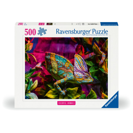 Ravensburger Puzzle mit 500 Teilen zeigt ein buntes Chamäleon auf grünen Blättern.
