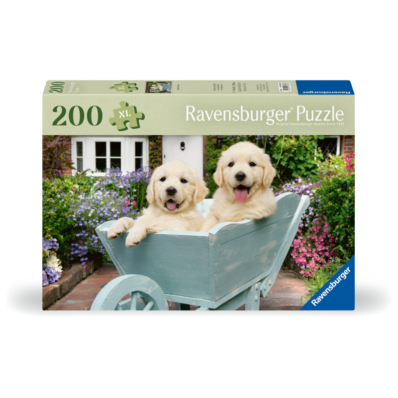 Zwei Golden Retriever Welpen sitzen in einer blauen Schubkarre im bunten Garten auf einer Ravensburger Puzzlebox.