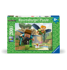 Ravensburger Minecraft Puzzle, 200 Teile, zeigt eckige Figuren und Tiere in einer grünen, blockigen Welt.