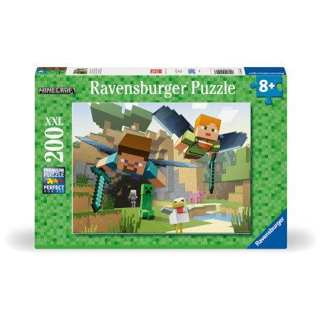 Ravensburger Minecraft Puzzle, 200 Teile, zeigt eckige Figuren und Tiere in einer grünen, blockigen Welt.