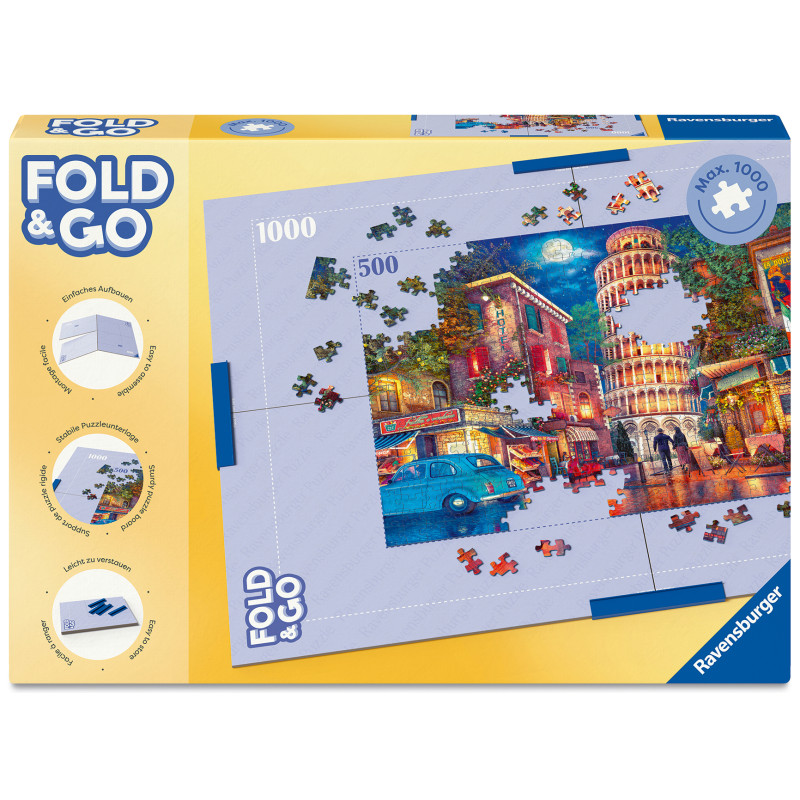 Gelbe Ravensburger Fold & Go Puzzlematte mit Bild eines teilweise gelegten 1000-Teile-Puzzles auf der Schachtel.