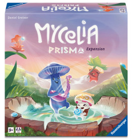 Die Mycelia Prisma-Spielschachtel zeigt fantasievolle Pilz- und Pflanzenfiguren um einen magischen Teich.