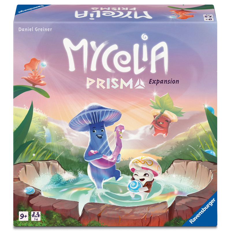 Die Mycelia Prisma-Spielschachtel zeigt fantasievolle Pilz- und Pflanzenfiguren um einen magischen Teich.