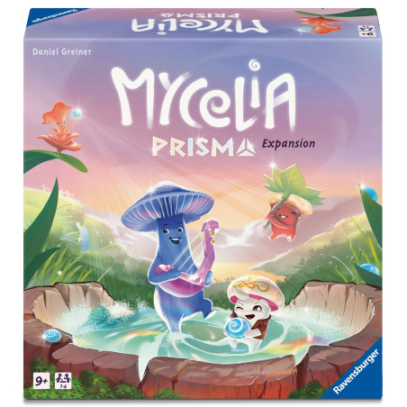 Die Mycelia Prisma-Spielschachtel zeigt fantasievolle Pilz- und Pflanzenfiguren um einen magischen Teich.