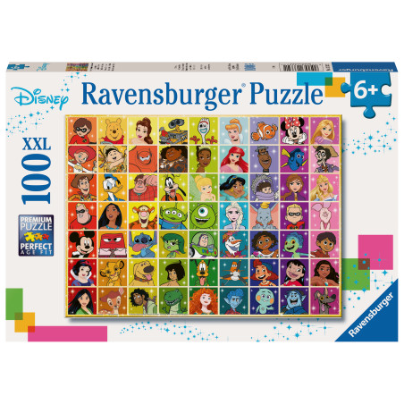 Box eines 100-teiligen Ravensburger Puzzles mit einer Collage verschiedener animierter Disney-Charaktere.