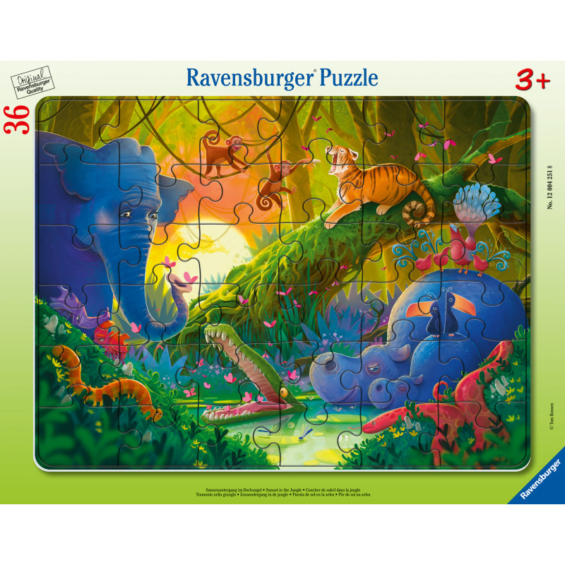 Buntes Puzzle mit Cartoon-Tieren wie Elefanten, Tiger und Krokodil in einer Dschungelszene.