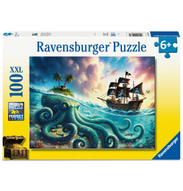 Ravensburger Puzzle mit 100 Teilen, Motiv: Riesenkrake, Piratenschiff und Insel.