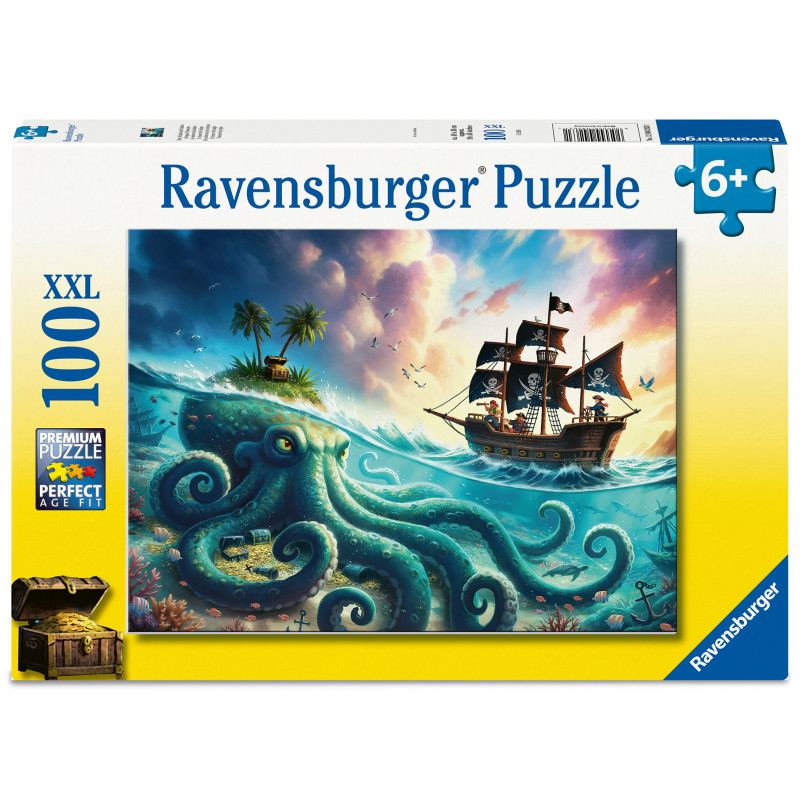 Ravensburger Puzzle mit 100 Teilen, Motiv: Riesenkrake, Piratenschiff und Insel.