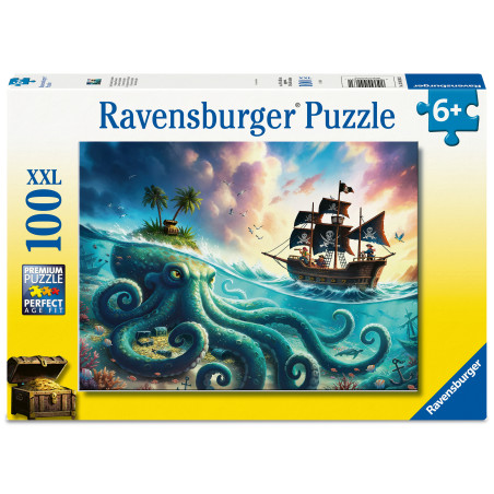 Ravensburger Puzzle mit 100 Teilen, Motiv: Riesenkrake, Piratenschiff und Insel.