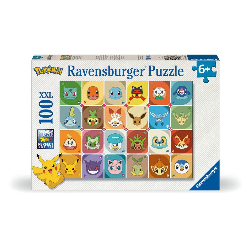 Ravensburger Pokémon Puzzle mit 100 XXL-Teilen, zeigt verschiedene Pokémon-Gesichter in bunten Quadraten.