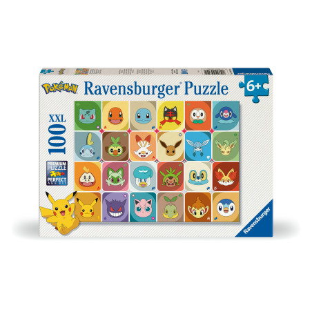 Ravensburger Pokémon Puzzle mit 100 XXL-Teilen, zeigt verschiedene Pokémon-Gesichter in bunten Quadraten.