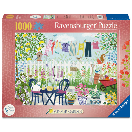 1000-Teile-Ravensburger Puzzle mit buntem Sommergarten, Blumen und Gartenmöbeln auf dem Karton abgebildet.