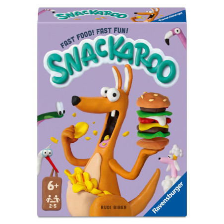 Ein Cartoon-Känguru mit Pommes und Burger auf einer lila Snackaroo-Spielbox mit weiteren Tieren.