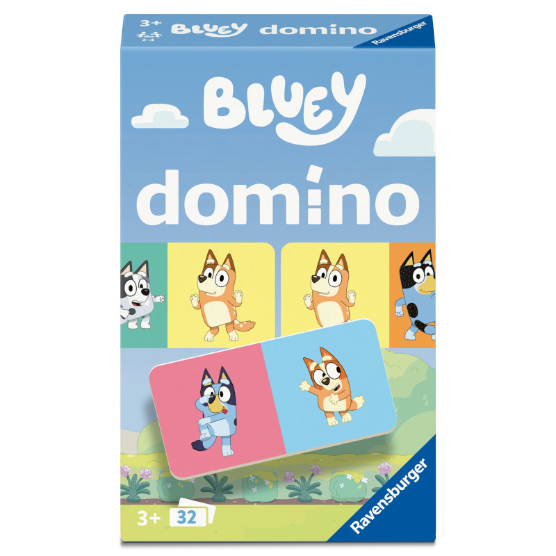 Box mit Bluey-Domino-Spiel und bunten Domino-Steinen mit Bluey-Figuren. Geeignet für Kinder ab 3 Jahren.