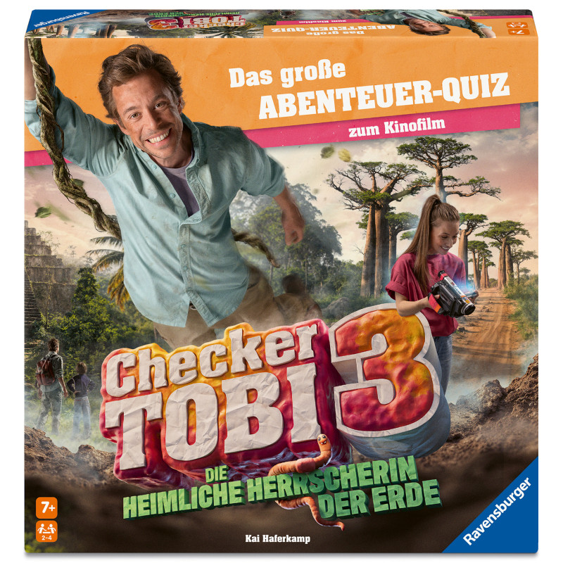 Checker Tobi schwingt im Dschungel Das große Abenteuer-Quiz und Film-Branding sind auf der Spieleschachtel zu sehen.