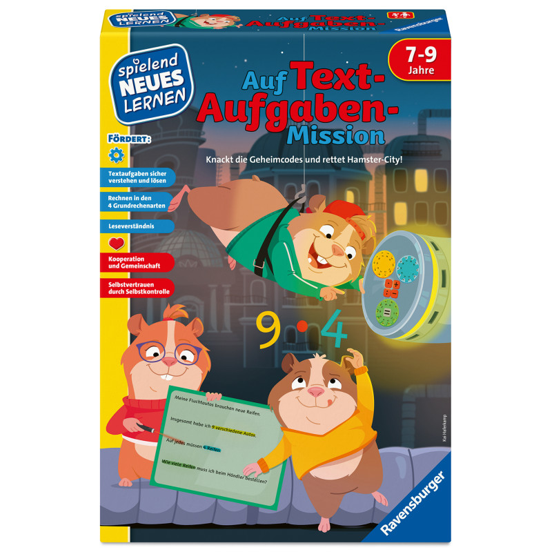 Bunte deutsche Brettspielbox mit Hamstern, Mathe-Symbolen und Digitalgerät für Kinder von 7 bis 9 Jahren.