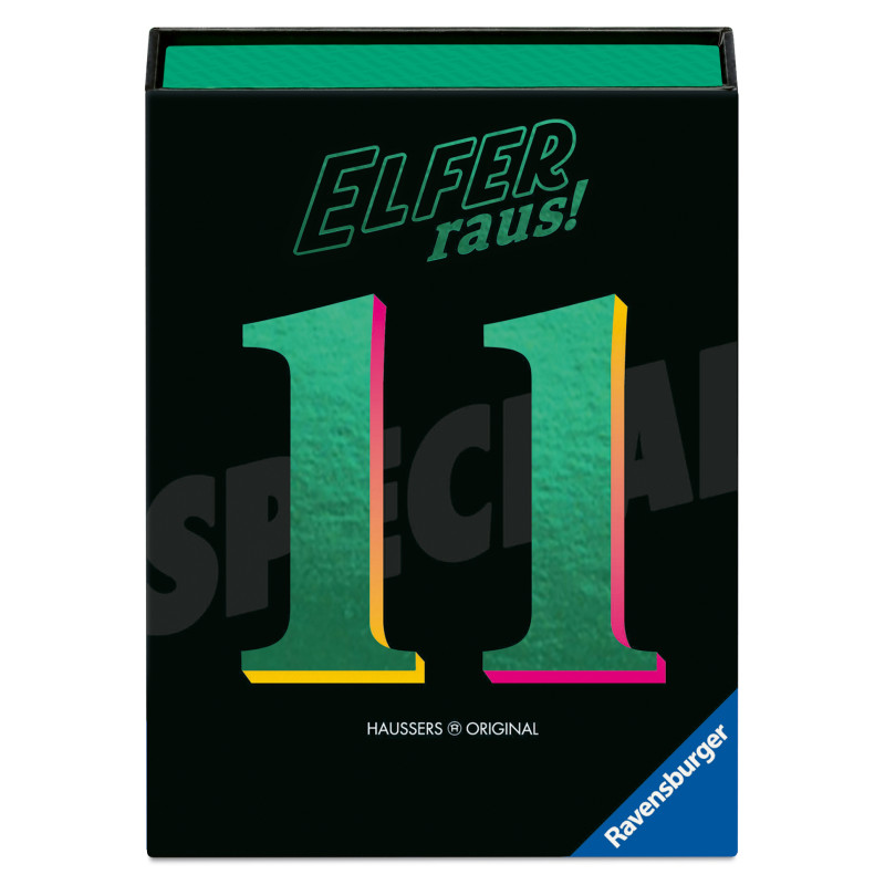 Schwarze Elfer raus! -Box mit großer grüner 11 und Ravensburger-Logo in der Ecke.