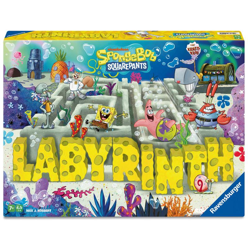 SpongeBob Schwammkopf Labyrinth-Spielbox mit Comicfiguren und Unterwasser-Labyrinth im Hintergrund.