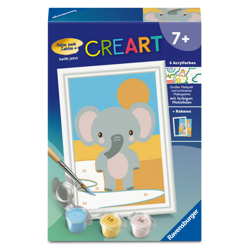 Malset für Kinder mit Elefantenmotiv, Farbtöpfchen und Pinsel. Geeignet für Kinder ab 7 Jahren.