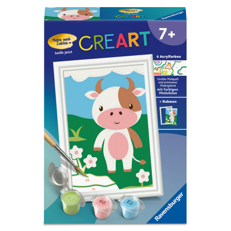 Malset mit Zahlen: Auf der Verpackung ist eine Cartoon-Kuh auf einer Wiese. Für Kinder ab 7 Jahren geeignet.