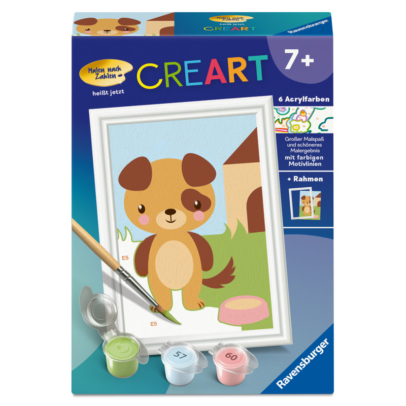 CreArt Malen-nach-Zahlen-Set mit Hundemotiv, Farbbehältern und Pinsel auf der Box. Für Kinder ab 7 Jahren geeignet.