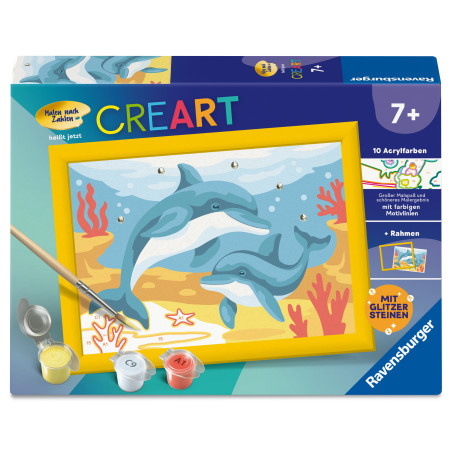 Malset mit zwei Delfinen im Ozean, Pinsel, Farben und gelbem Rahmen auf der Verpackung.