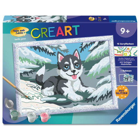 Ravensburger CreArt Malen nach Zahlen für Kinder – Frecher Husky Motiv ab 9 J.