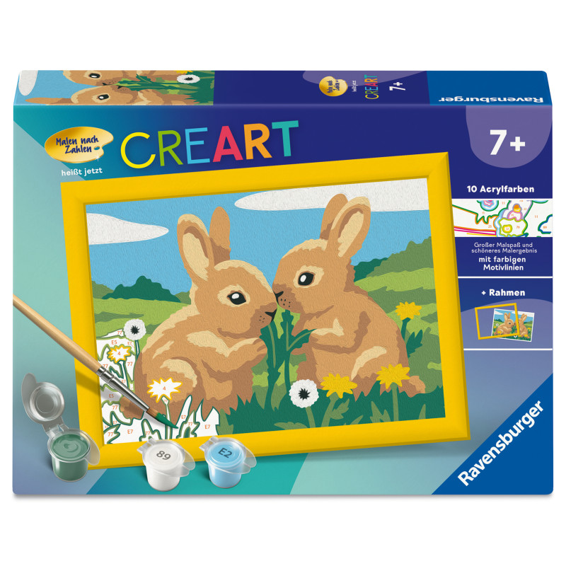 Malset für Kinder mit Motiv: Zwei braune Kaninchen im Blumenfeld. Farbbehälter sind enthalten.