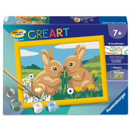 Malset für Kinder mit Motiv: Zwei braune Kaninchen im Blumenfeld. Farbbehälter sind enthalten.