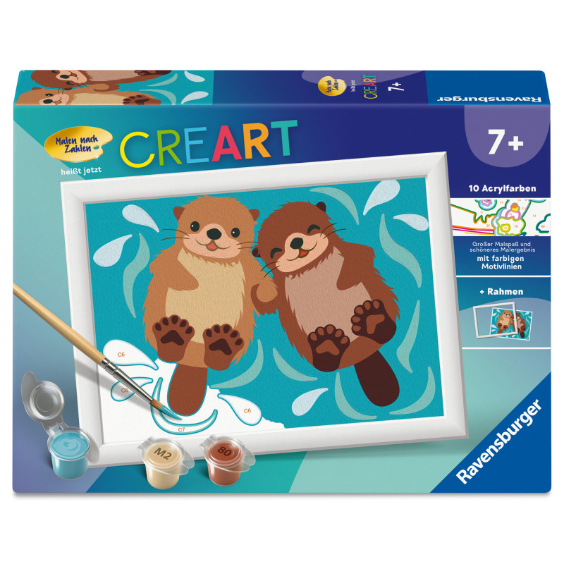 CreArt Malen-nach-Zahlen-Set mit zwei schwimmenden Ottern, empfohlen ab 7 Jahren.