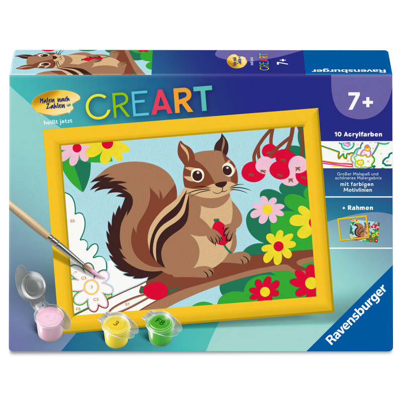 Malen-nach-Zahlen-Set mit Eichhörnchen auf Ast, Blumen und buntem Hintergrund, geeignet ab 7 Jahren.