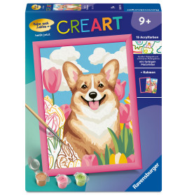 Ravensburger CreArt Malen nach Zahlen für Kinder – Corgi im Blütenmeer ab 7 J.