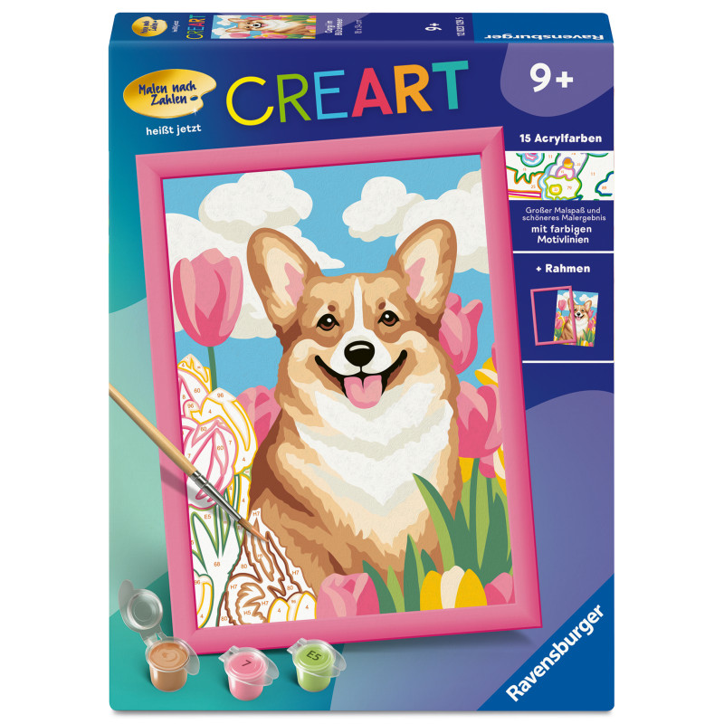 Malen-nach-Zahlen-Set mit fröhlichem Corgi zwischen rosa Tulpen, geeignet für Kinder ab 9 Jahren.