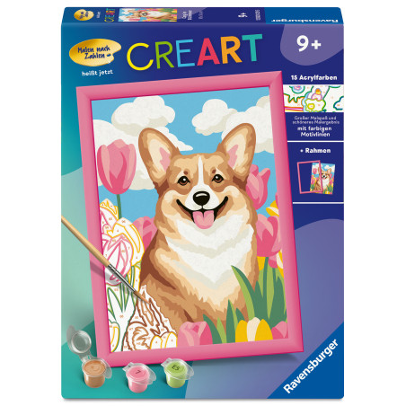 Malen-nach-Zahlen-Set mit fröhlichem Corgi zwischen rosa Tulpen, geeignet für Kinder ab 9 Jahren.