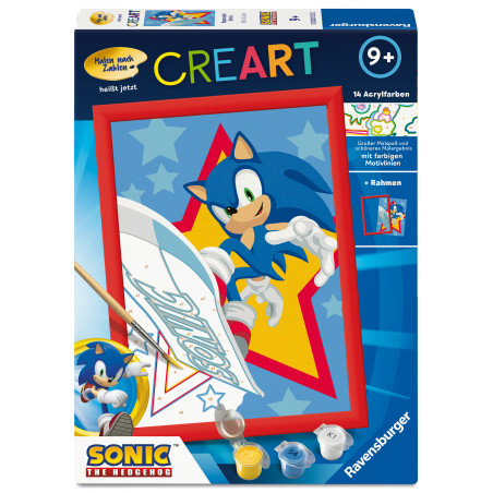 Sonic the Hedgehog Malen-nach-Zahlen-Set: Box mit Farben, Pinsel und Sonic-Motiv auf dem Deckel.