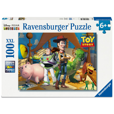 Schachtel eines 100-teiligen Ravensburger Toy Story Puzzles mit Woody, Buzz, Rex und Hamm auf dem Cover.