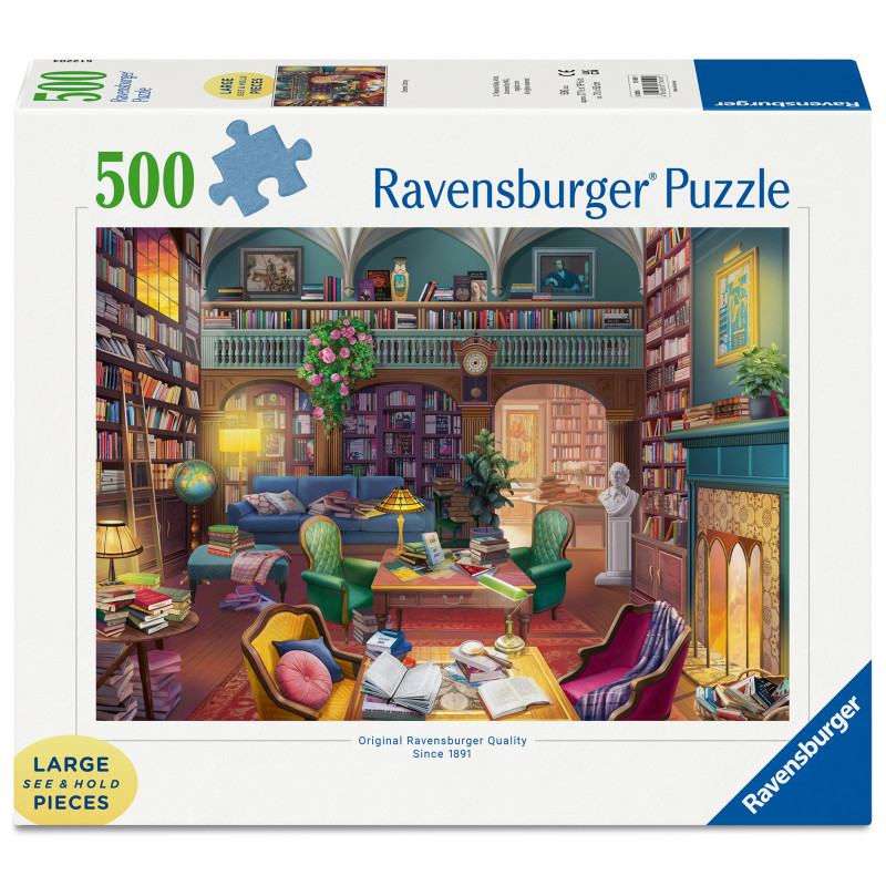 Ravensburger Puzzle mit 500 Teilen, zeigt eine bunte, gemütliche Bibliothek mit Büchern und Sesseln.
