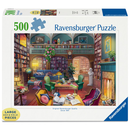 Ravensburger Puzzle mit 500 Teilen, zeigt eine bunte, gemütliche Bibliothek mit Büchern und Sesseln.