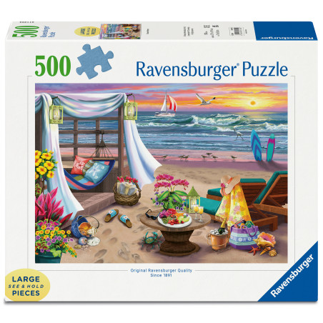 Puzzlebox mit buntem Strandszenario: Stühle, Blumen und Sonnenuntergang am Meer. 500 Teile.