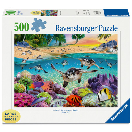 Ravensburger Puzzle, 500 Teile, zeigt Meeresschildkröten, tropische Fische und Korallen in einer Ozeanszene.