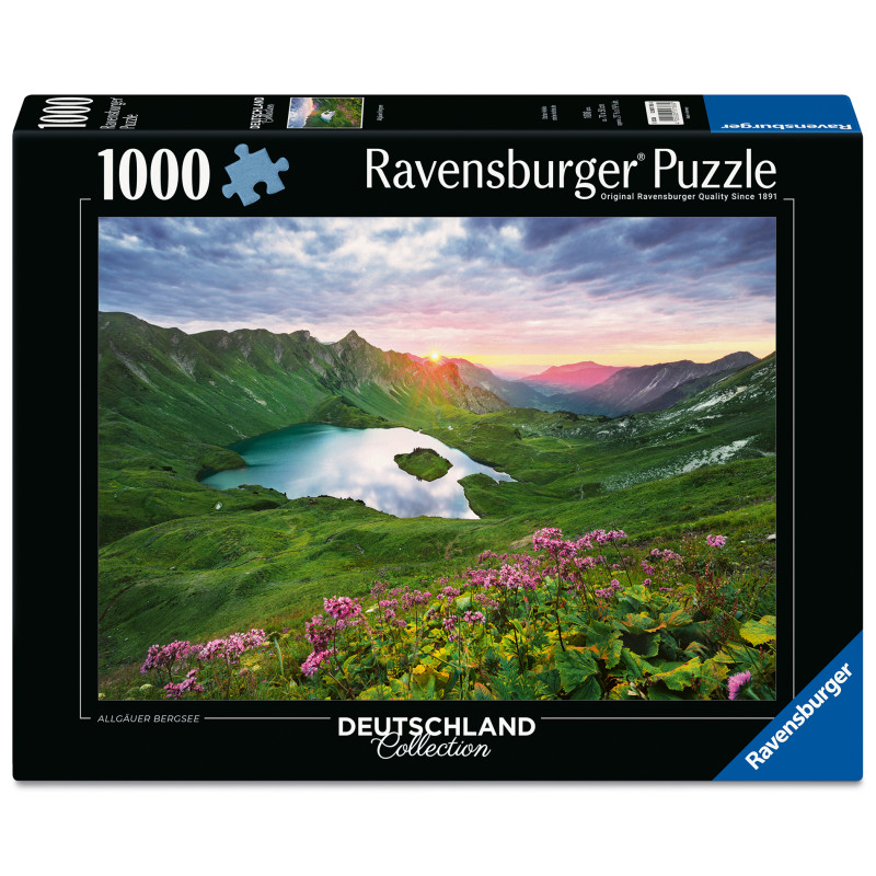Ravensburger Puzzle mit 1000 Teilen: Berglandschaft mit See, Blumen und Sonnenuntergang.